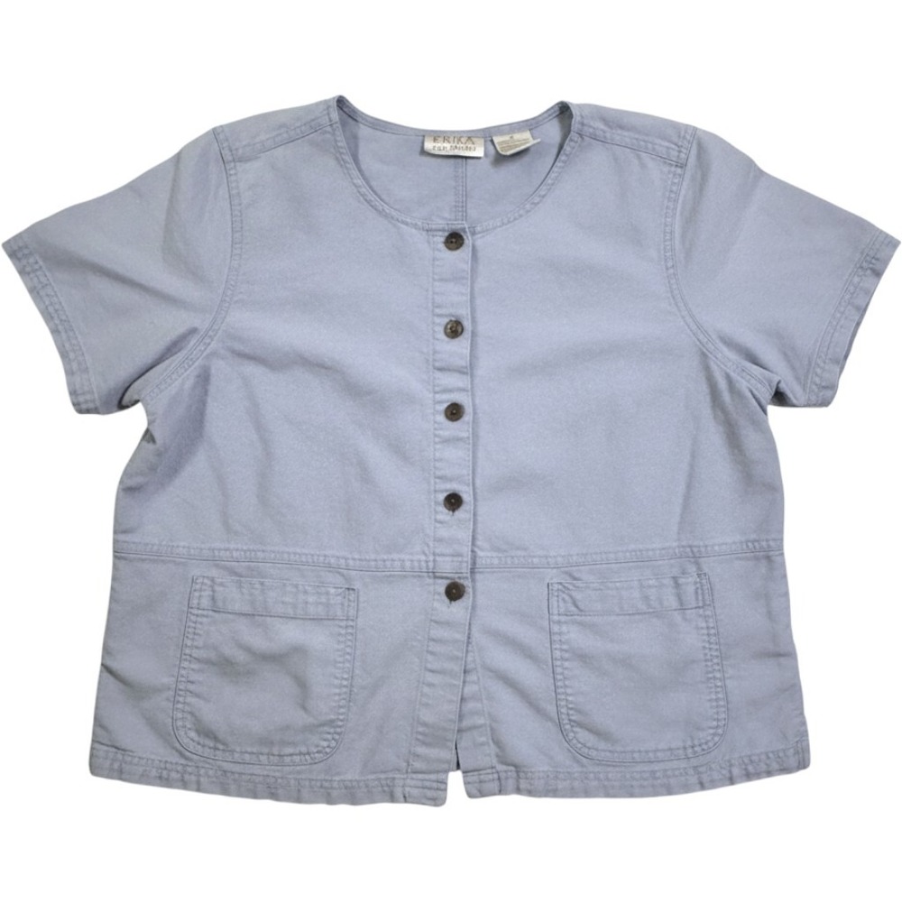 VTG Blue Linen Short Sleeve Chore Jacket Button Front Shirt Top Large Lagenlook